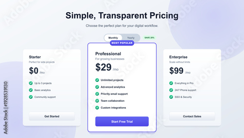 Modern pricing table interface design with three subscription plans for digital services and software platforms