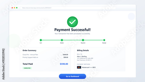 Digital payment confirmation screen showing successful transaction with order summary and billing information