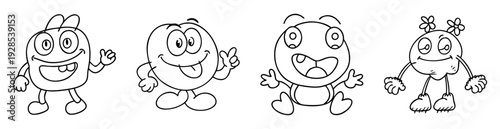 Cute cartoon characters standing in a row line art illustration design