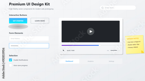 Modern user interface design kit with interactive buttons form elements and video player components for web prototyping