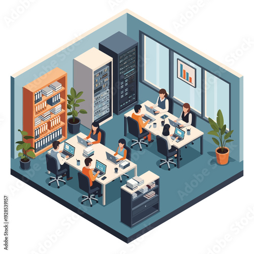 Isometric view of a modern office with people working on computers and server racks.