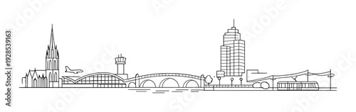 City skyline with airport terminal, control tower and bridge