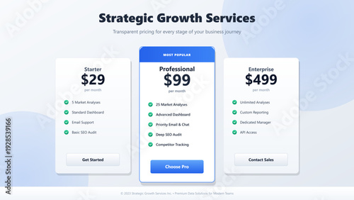 Modern pricing table design for business services with three subscription tiers and feature lists on a clean background