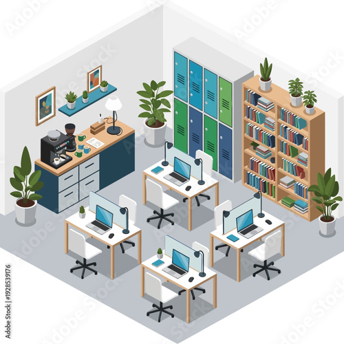 Isometric view of a modern open-plan office with multiple workstations and amenities.
