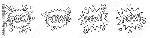 Doodle art collection of comic book style explosions saying pow with detail