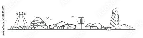 City skyline featuring solar panels, domes and canopy structures