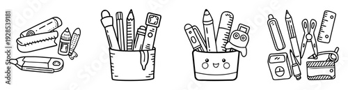 Collection of hand drawn illustration of various office and school stationery items