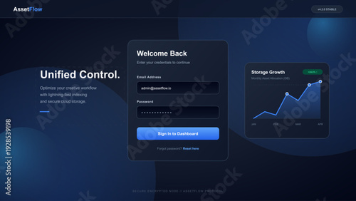 Modern dark mode user interface dashboard with login form and storage growth analytics chart for cloud storage management platform