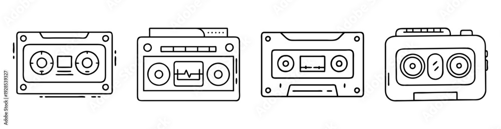 Obraz premium Line drawing of four different vintage cassette players and recorders