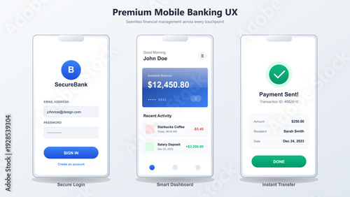 Mobile banking application screens showing secure login dashboard and financial transaction confirmation