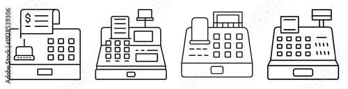 Outlined monochrome drawing of a vintage cash register with a receipt