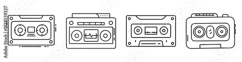 Line drawing of four different vintage cassette players and recorders