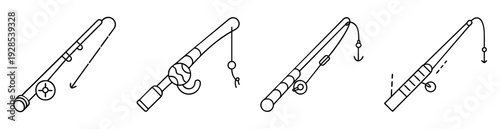 Set of simple black and white line drawings of various fishing rods