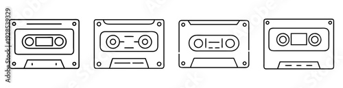 Set of Four Distinct Audio Cassette Tapes in Black and White Outlines