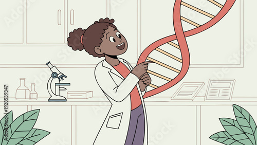 A biology professor in an ultra-realistic cartoon style, a young woman with curly hair tied in a bun, wearing a light blue lab coat, holding a large, colorful 3D model of DNA.