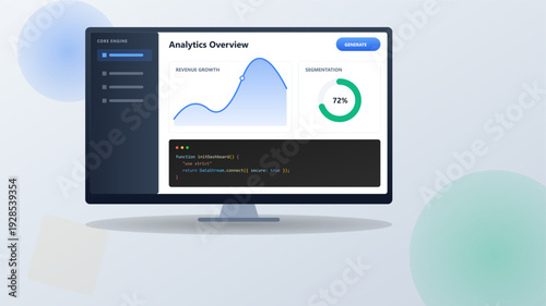Modern software dashboard interface on computer monitor showing data analytics revenue growth charts and programming code editor