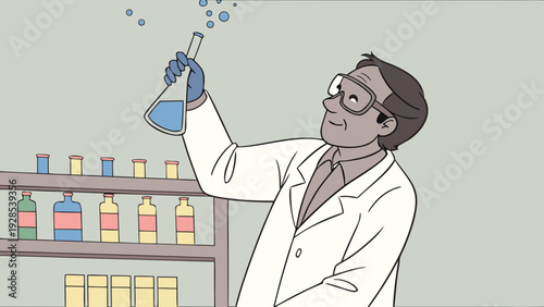 A cartoon-style, ultra-realistic chemistry professor, a middle-aged Asian man wearing goggles and a lab coat, holding a test tube containing a bright blue liquid.