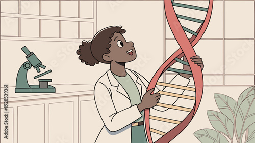 A biology professor in an ultra-realistic cartoon style, a young woman with curly hair tied in a bun, wearing a light blue lab coat, holding a large, colorful 3D model of DNA.