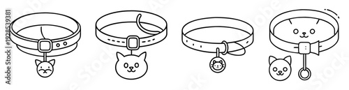 collection of four cat collars with tags in minimalist line art