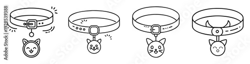 Four decorative cat collars with different charms in a line art style