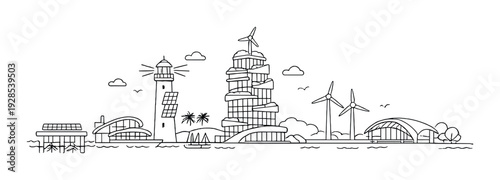 Coastal city skyline with lighthouse and wind turbines