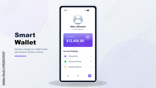 Mobile banking application interface with digital wallet balance and account settings on smartphone screen