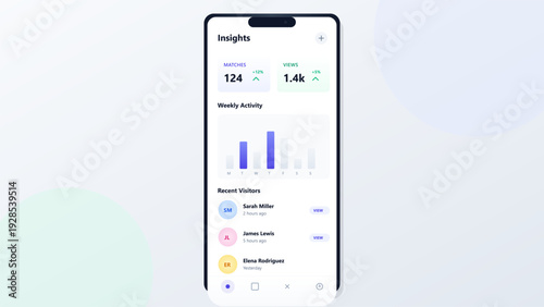 Mobile application interface design showing data analytics dashboard with insights and visitor statistics on a smartphone screen