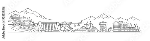 Mountain dam and cable car with wind turbines and buildings