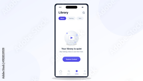 Mobile application user interface design for video streaming library with empty state message and explore button on smartphone screen