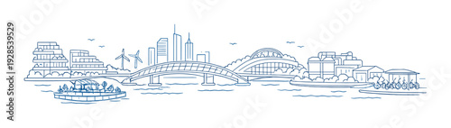 Riverside cityscape with arched bridge and waterfront buildings