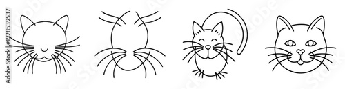 Collection of Four Whimsical Hand Drawn Cat Face Illustrations in Black and White