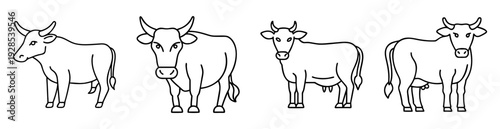 Black and white line art illustration of different cow breeds standing