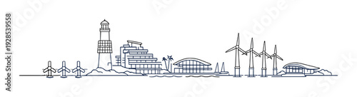 Coastline with lighthouse, buildings and offshore wind turbines