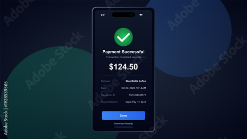 Smartphone interface showing a completed financial transaction confirmation with a check mark and payment details on a dark theme