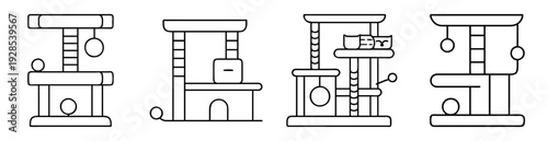 Black and white line drawing showcasing different styles of cat trees