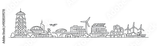 Futuristic city with wind turbine and modular buildings