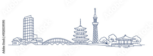 Riverside scene with pagoda, tower and arched bridge