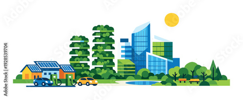 Green city with vertical gardens, wind turbines and ev charging
