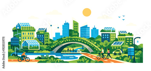 City skyline with cyclists on bike path by riverfront bridge