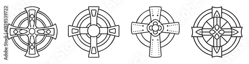 Four unique and decorative Celtic crosses with intricate circular patterns and line work