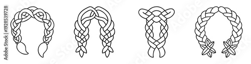 Different variations of braided hairstyles in a simple black and white design