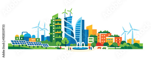 City skyline with solar array and fountain plaza in park