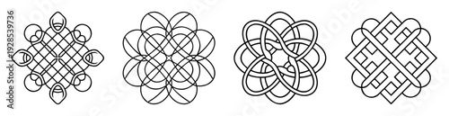 Four intricate black and white knot designs exhibiting symmetry and complexity