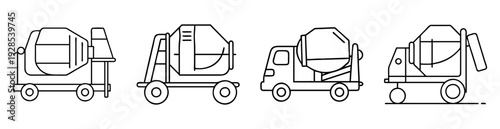 Line art illustration of four concrete mixer trucks in different configurations
