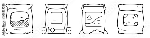 Four sacks or bags in line art style, various styles and contents