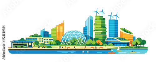 City waterfront promenade with geodesic dome and boats