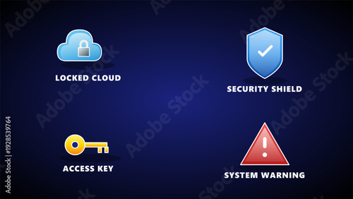 Cyber security icons set including locked cloud security shield access key and system warning on dark blue background