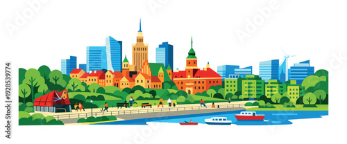 City skyline with people walking along riverside promenade