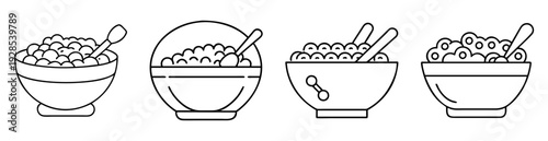 Four different bowls filled with food and spoons, black and white outline