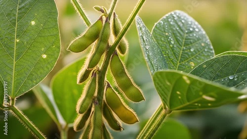 Close-up shot of soy pods hanging from a plant stalk with green leaves and water droplets